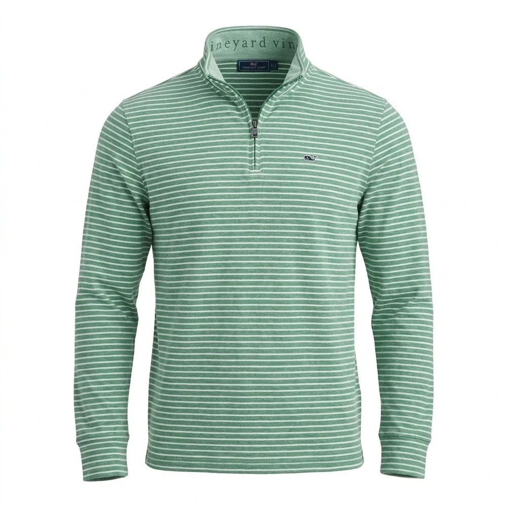 Vineyard Vines Mens M Saltwater Quarter Zip Pullover Starboard Green Stripe EUC